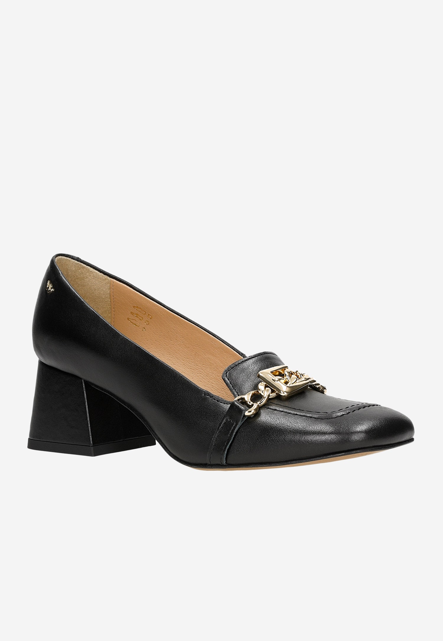Czarne skórzane mokasyny damskie na obcasie ze złotą metalową ozdobą