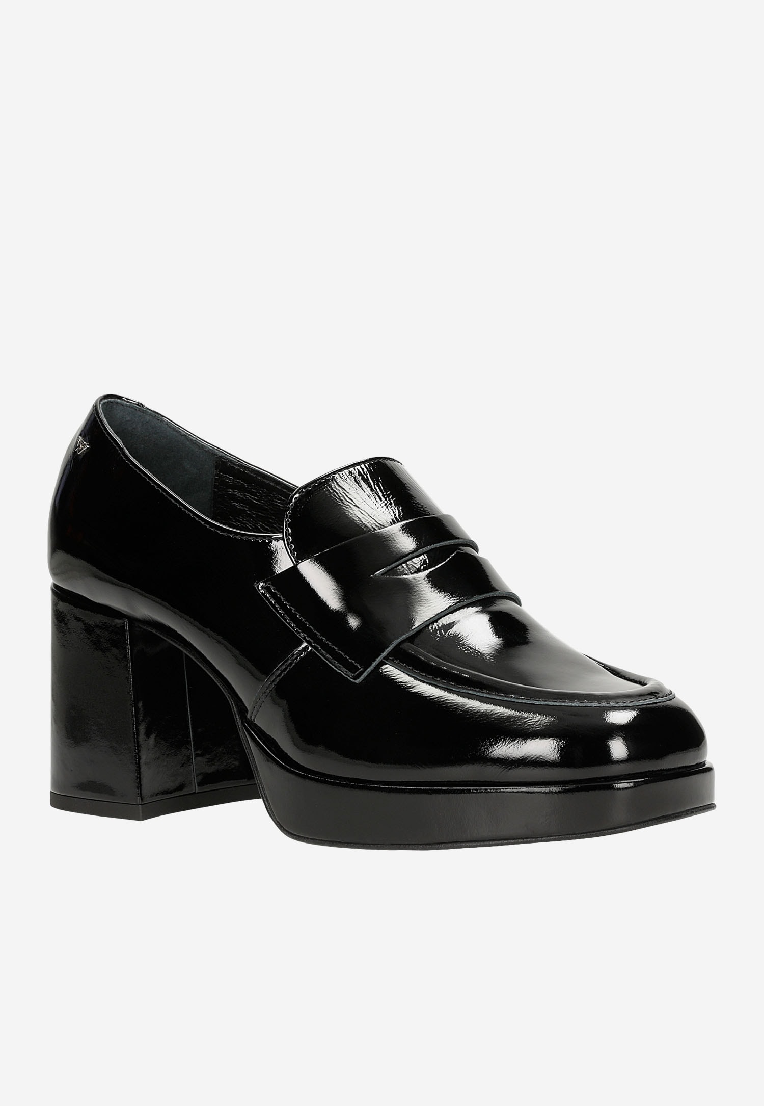 Czarne lakierowane mokasyny damskie na masywnym obcasie