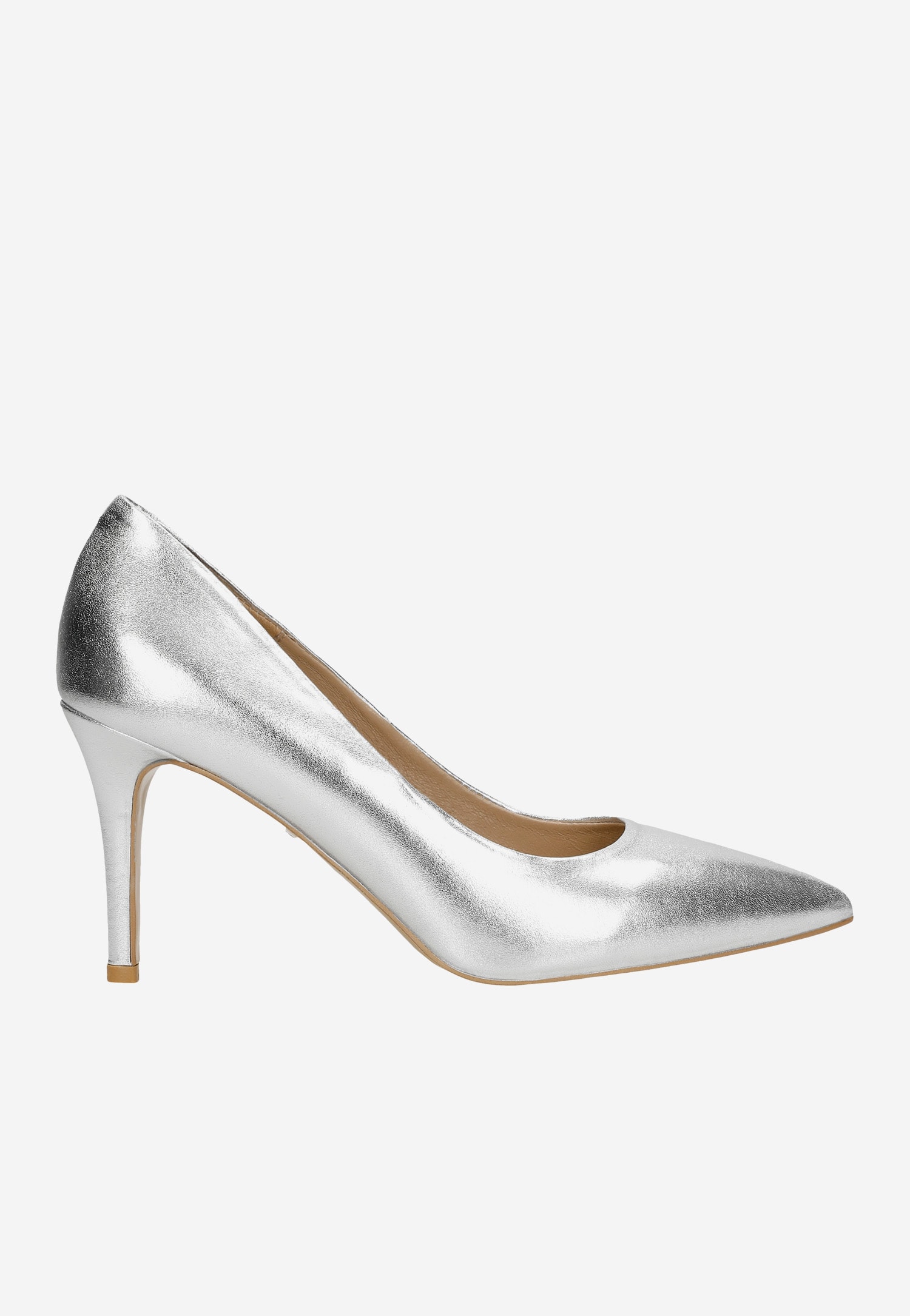 Srebrne czółenka damskie ze skóry licowej foliowanej