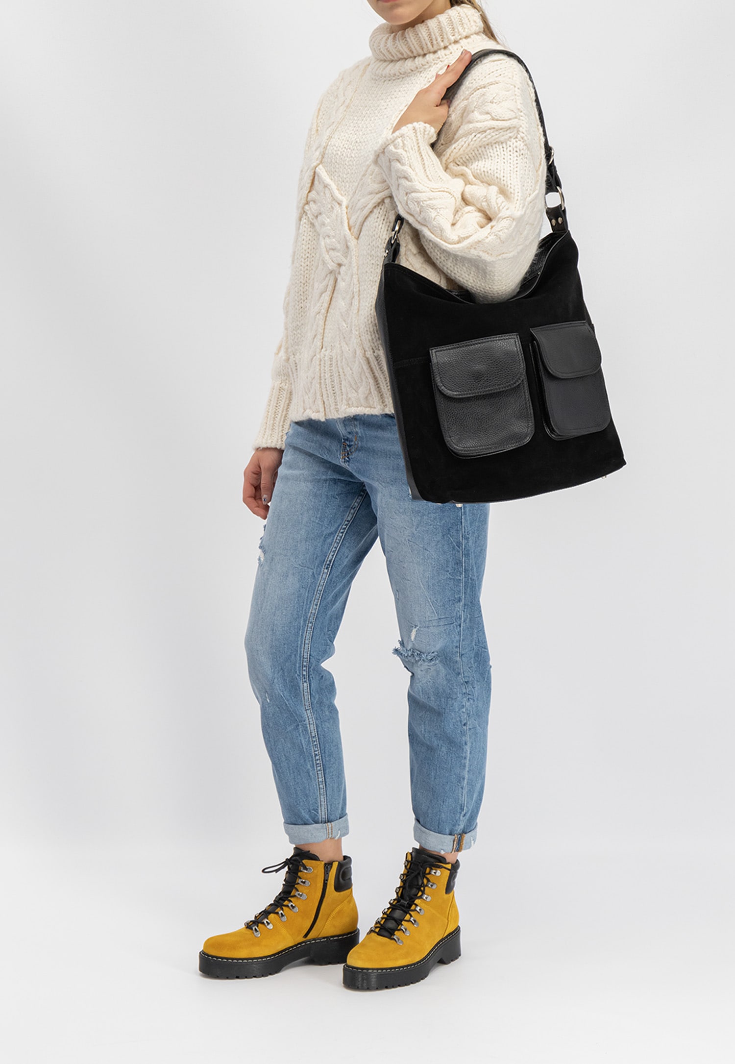 Duża torebka damska ze skóry licowej i welurowej