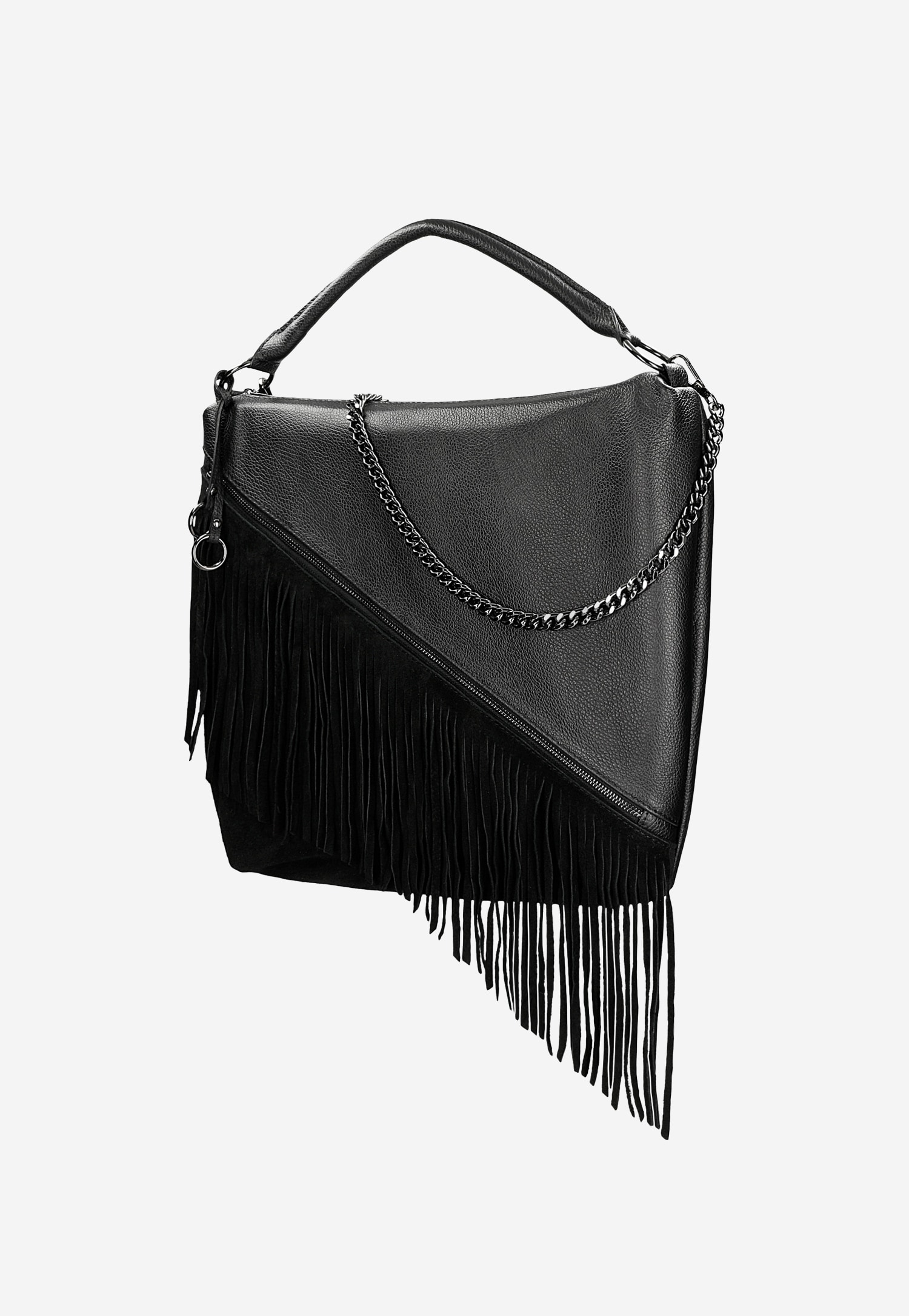 Czarna duża torba damska z łańcuchem i frędzlami