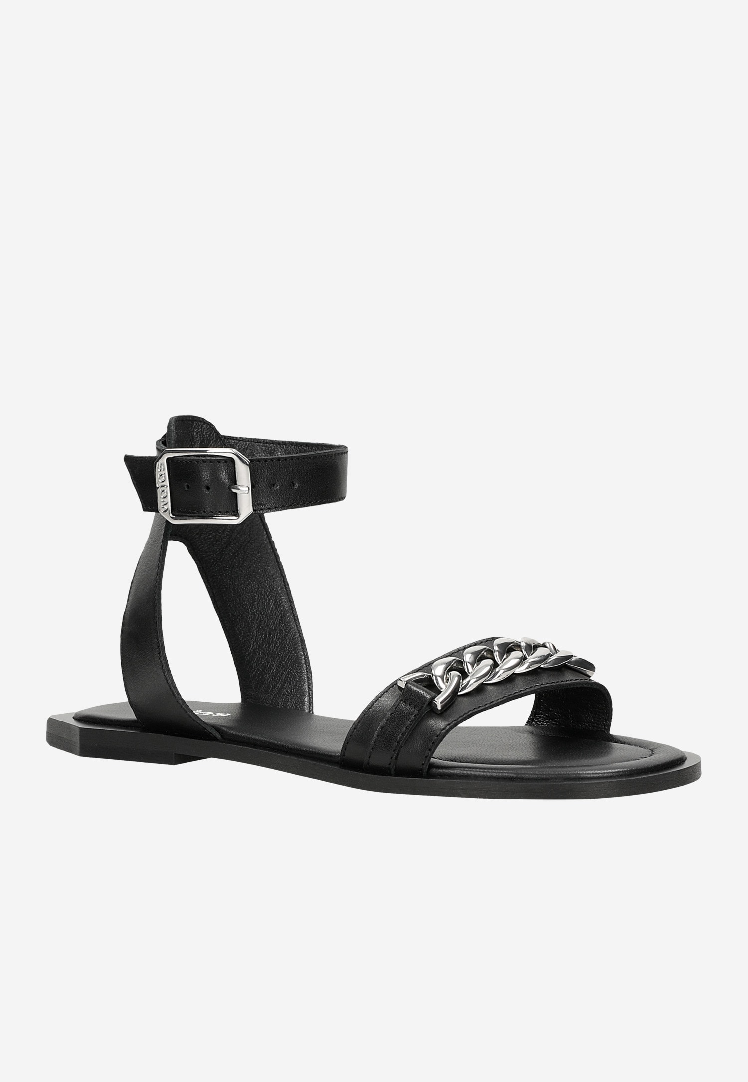 Czarne skórzane sandały damskie z ozdobą na pasku