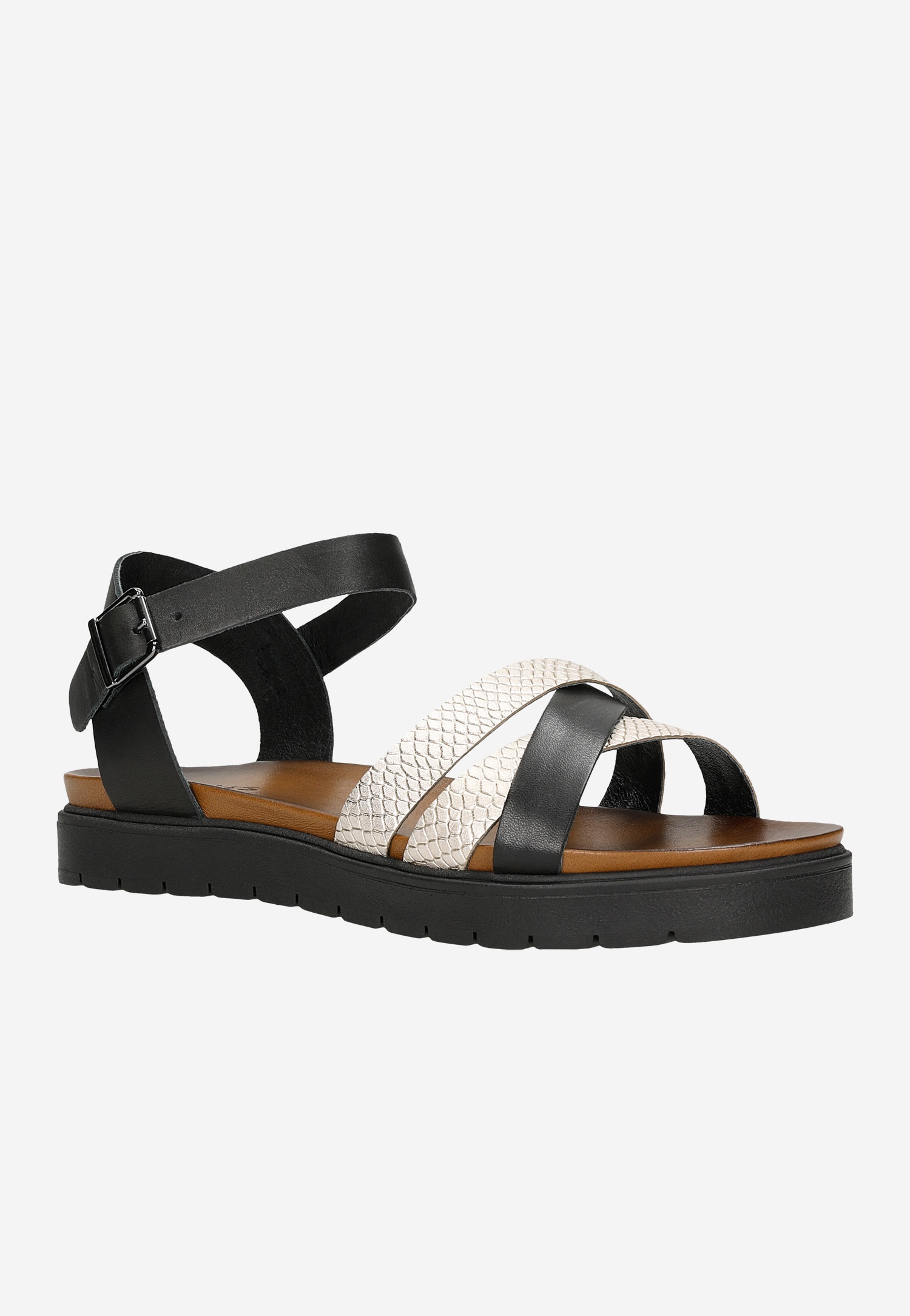 Czarno-złote sandały damskie z przeplatanymi paskami