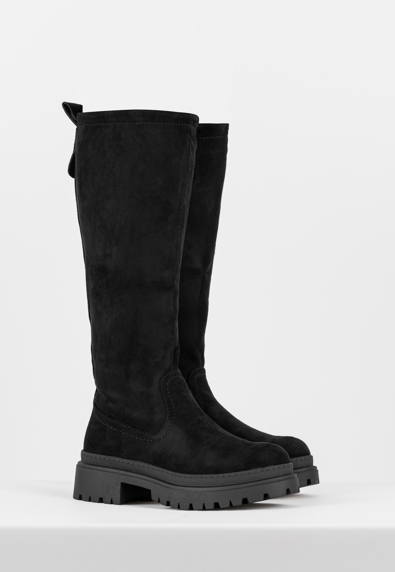 WJS czarne kozaki damskie do kolan na masywnej podeszwie