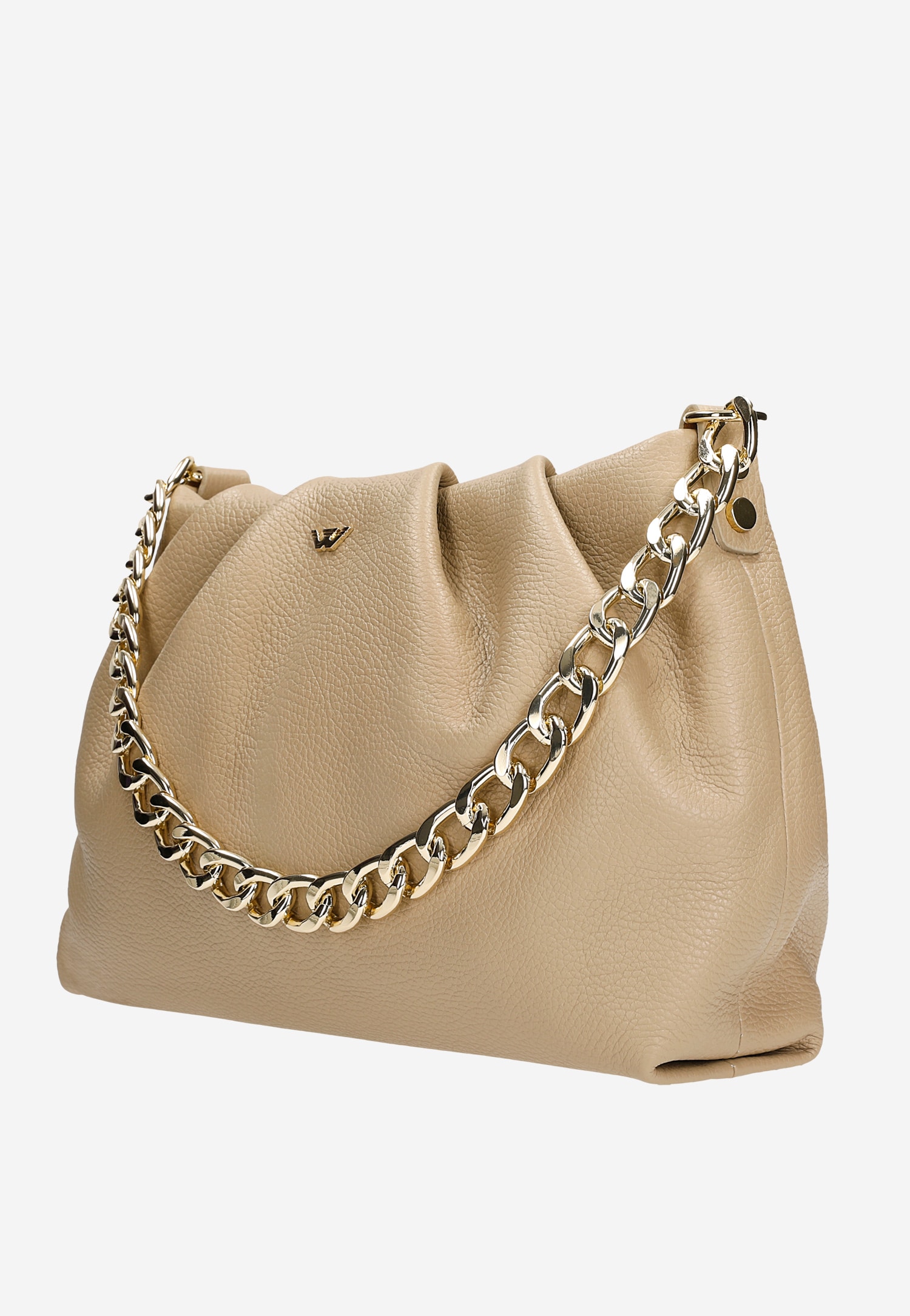 Bezowa skórzana torebka damska ze złotym łańcuchem