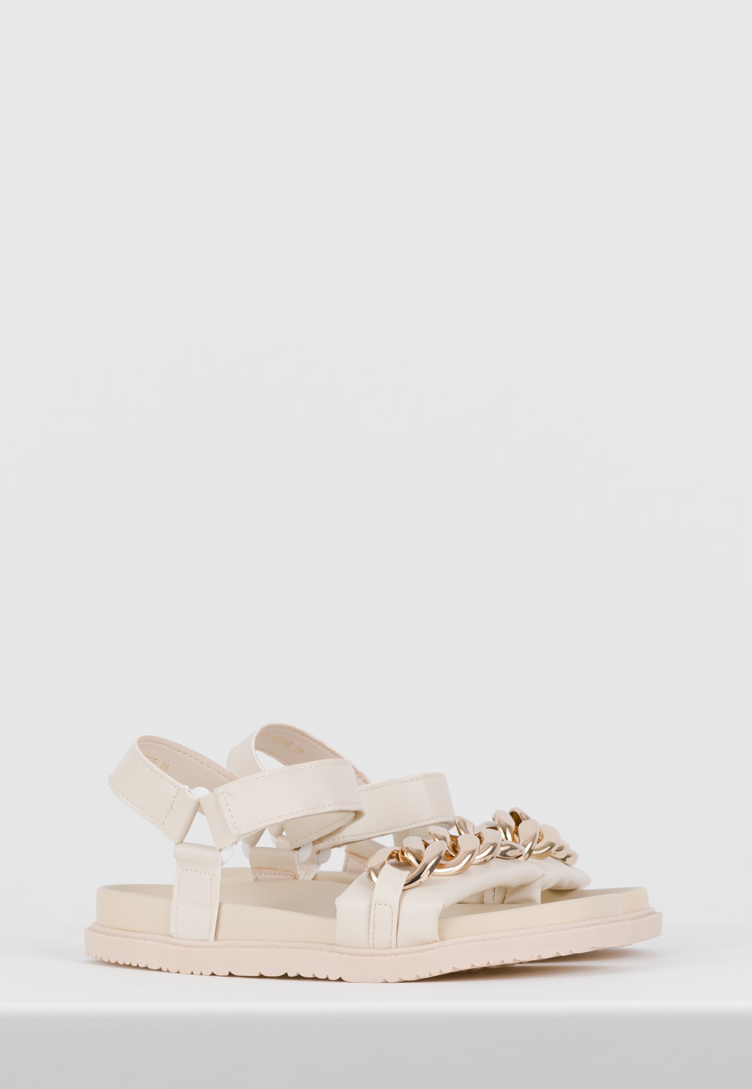 WJS płaskie beżowe sandały damskie z łańcuchem