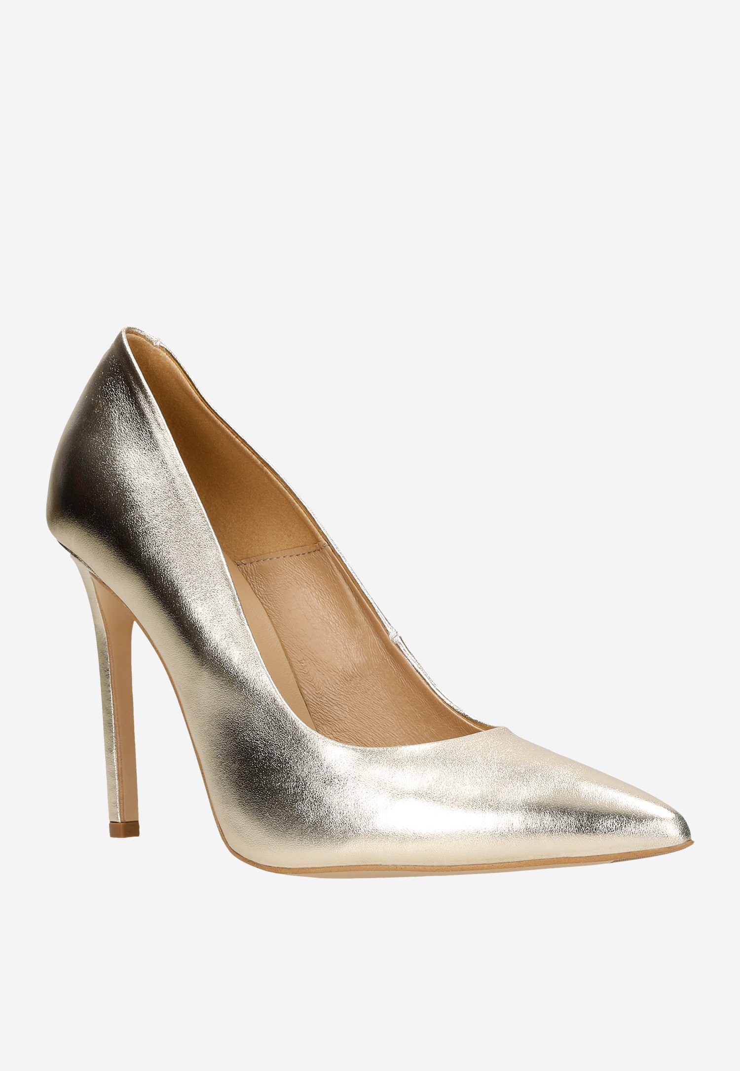 Złote skórzane szpilki na wysokim obcasie