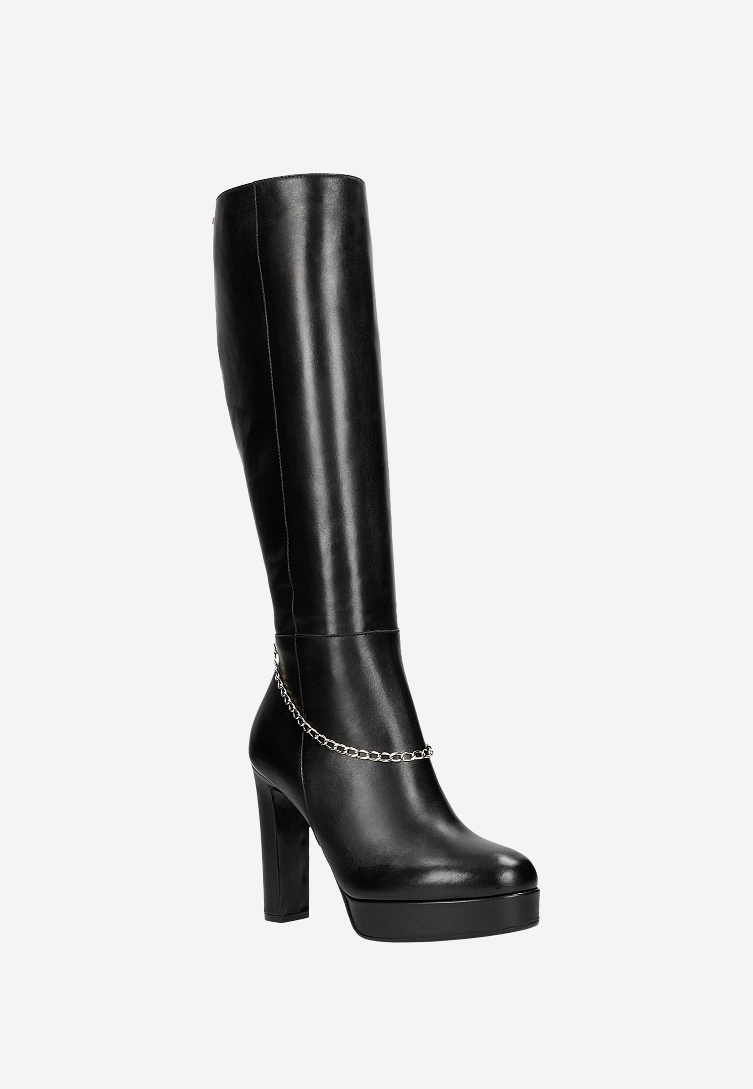 Czarne kozaki damskie na słupku ze złotym łańcuchem