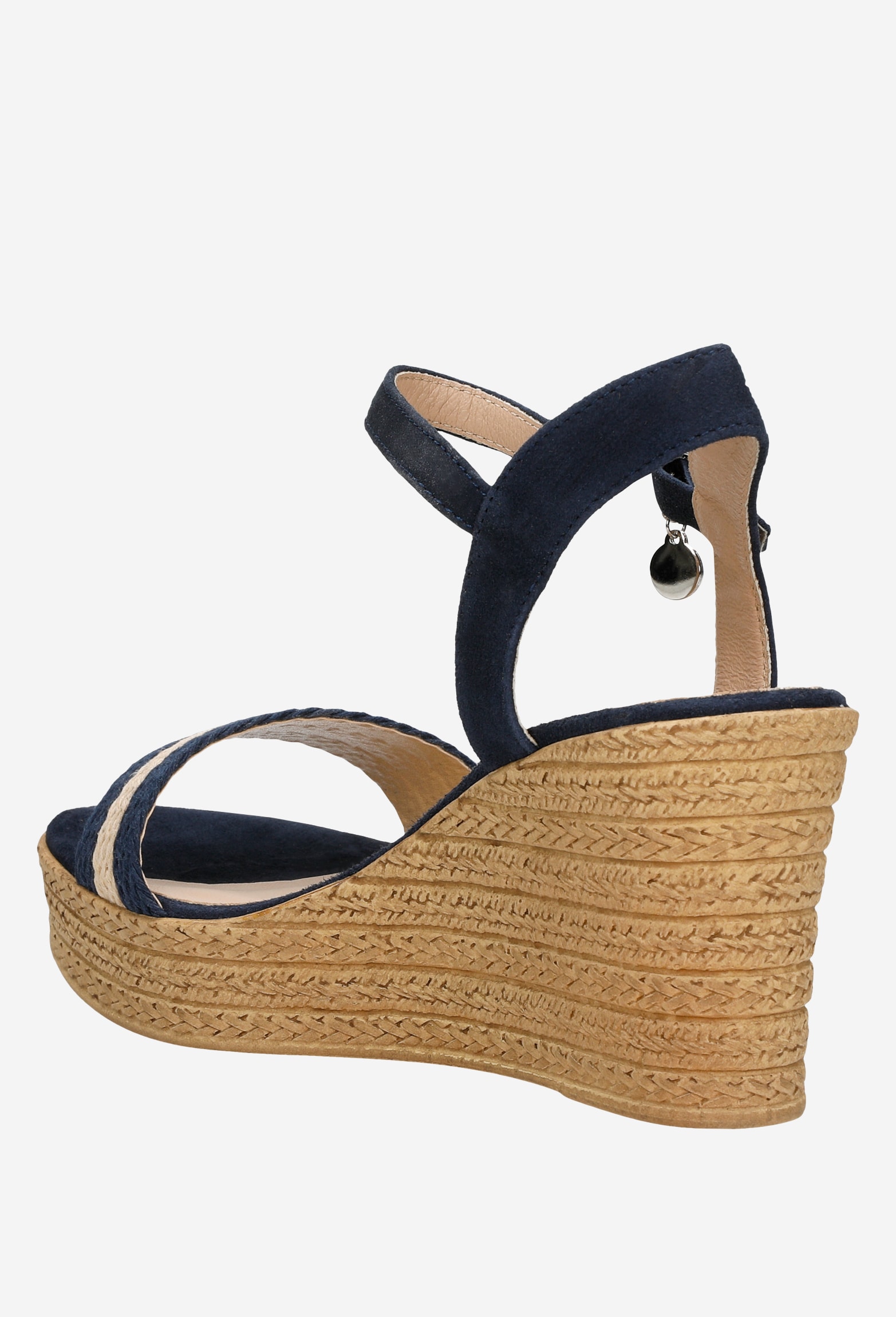 Sandały damskie na koturnie z plecionymi granatowo-beżowymi paskami
