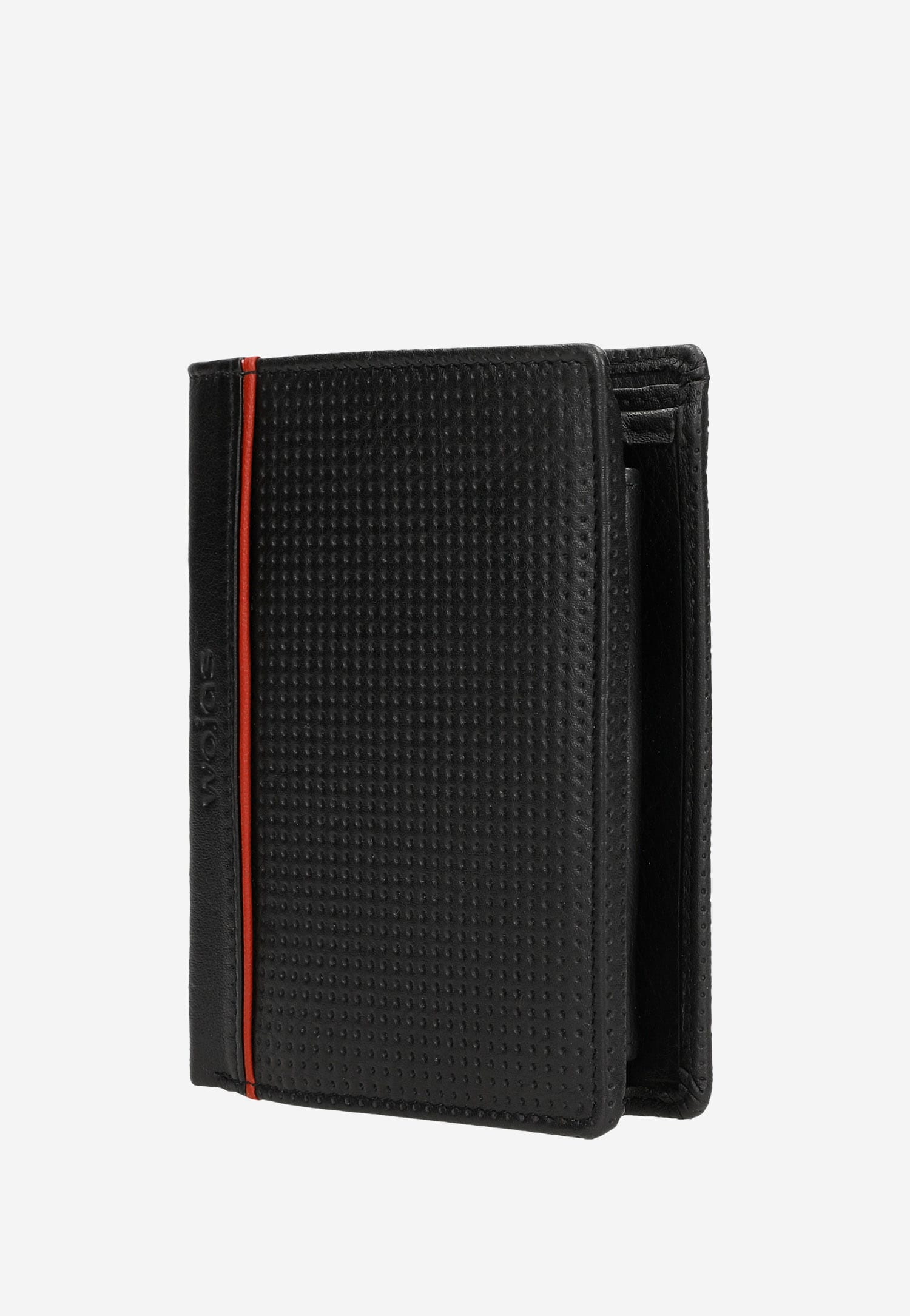 Czarny pionowy portfel męski z czerwonym akcentem na boku