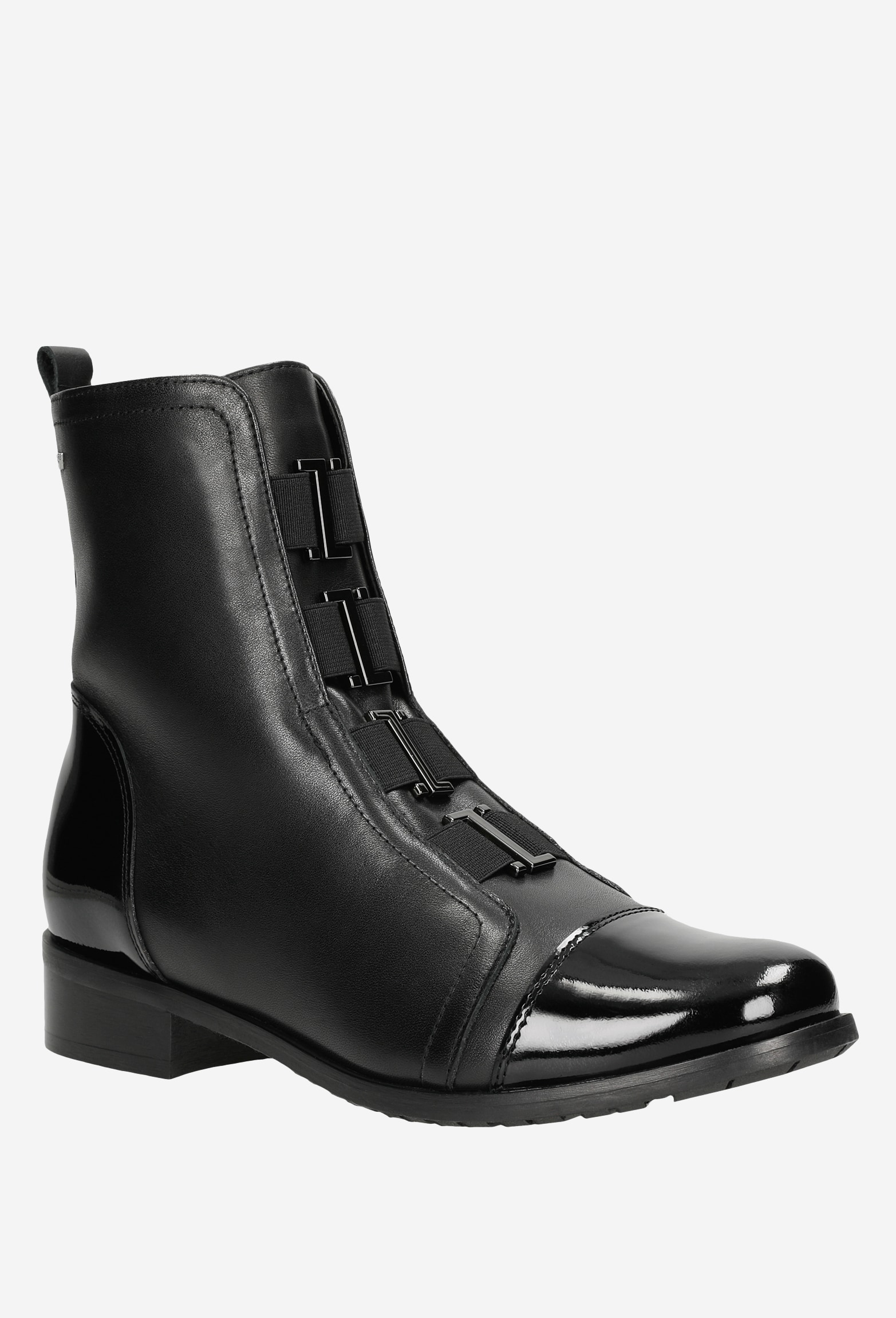 Czarne zimowe botki damskie ze skóry licowej oraz lakierowanej