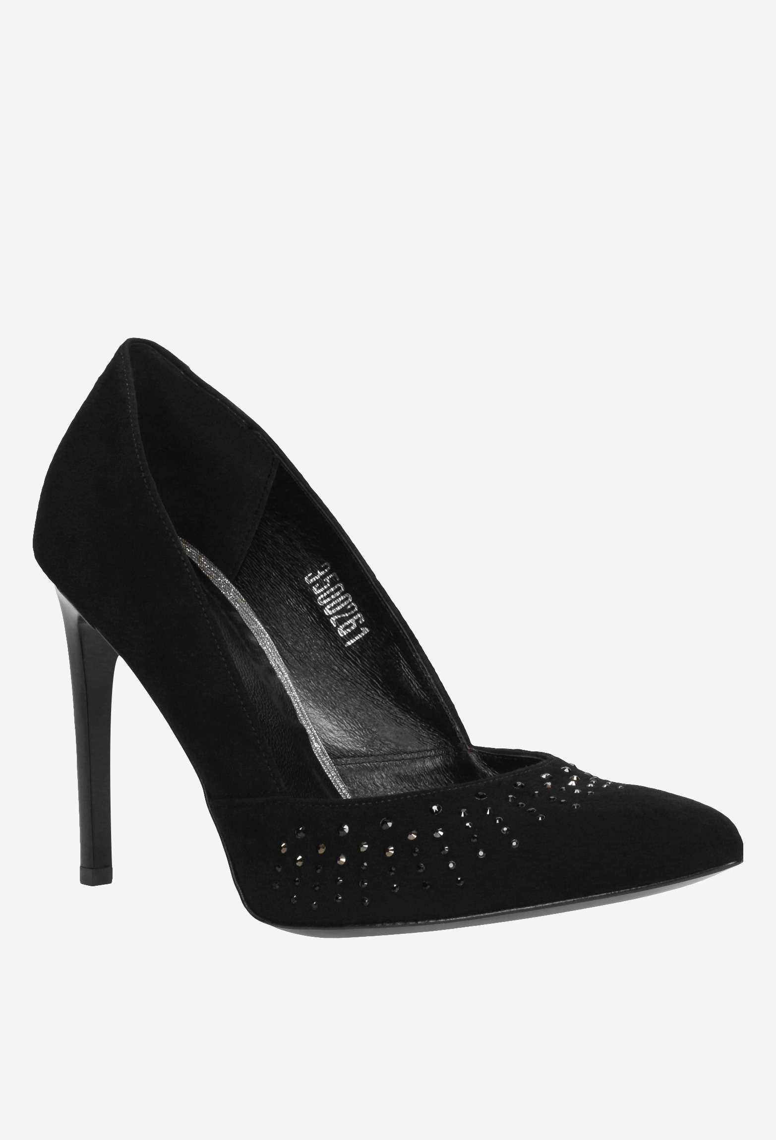 Czarne czółenka ze skóry welurowej z kryształkami