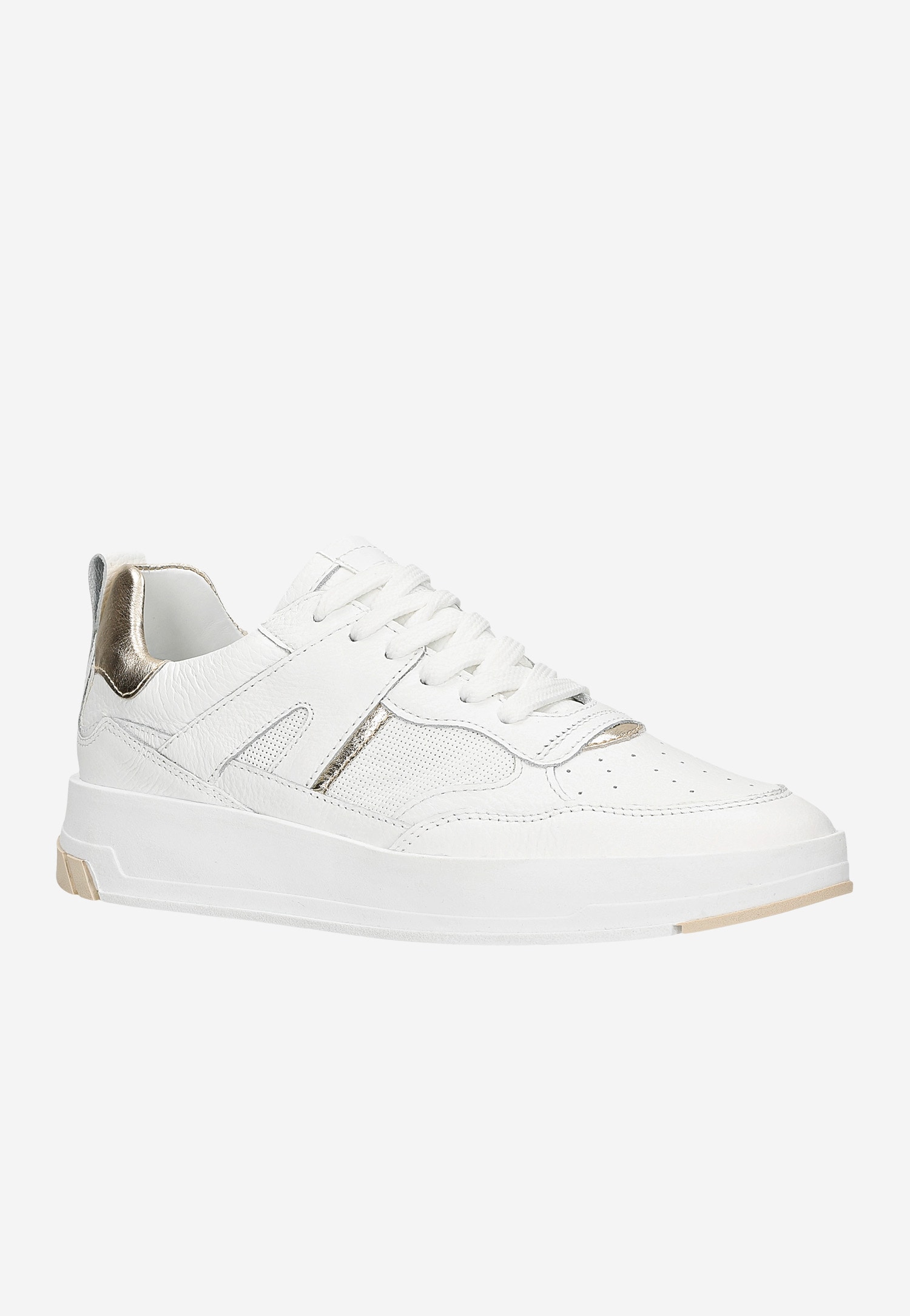 Białe skórzane trampki damskie ze złotymi akcentami