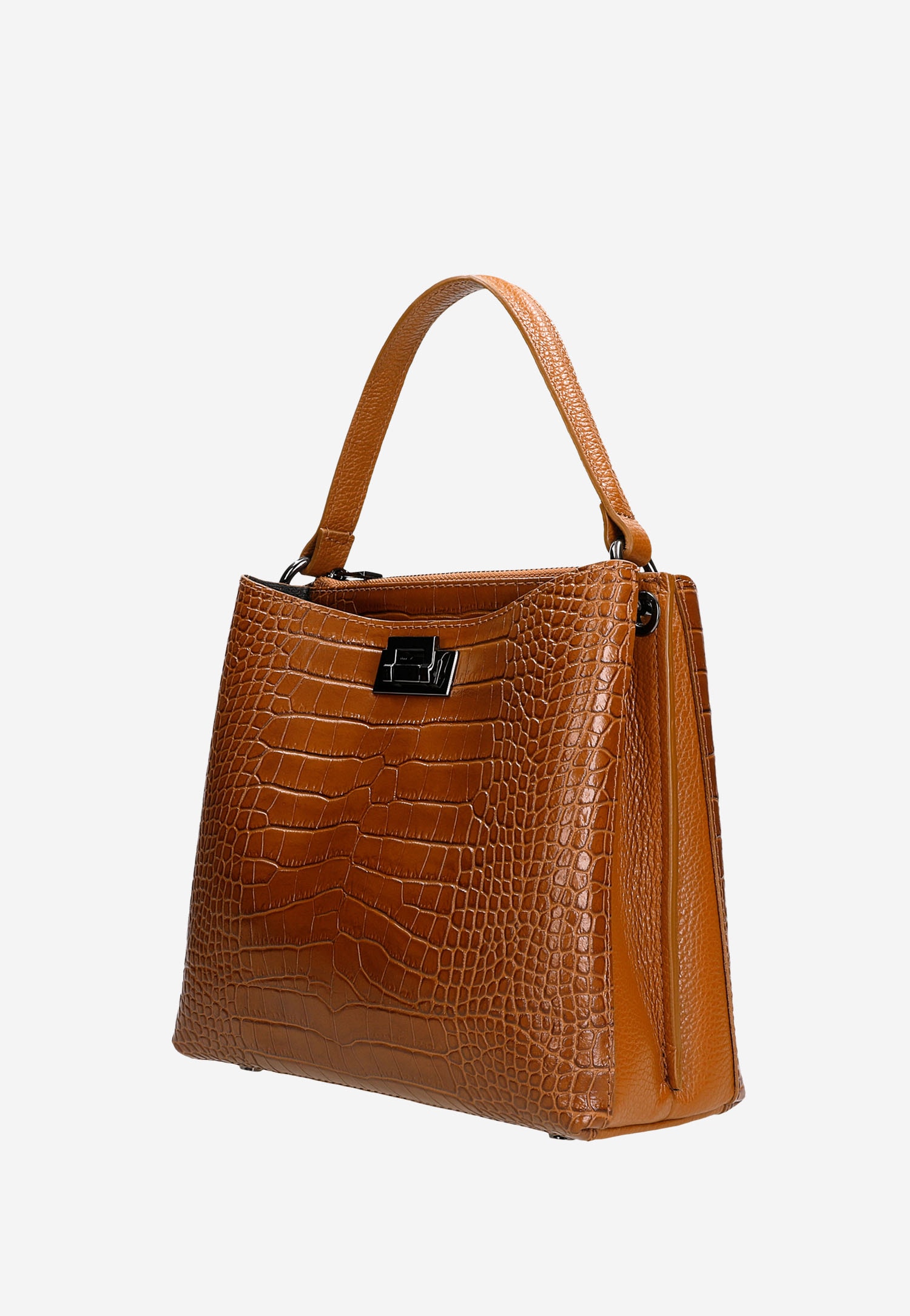 Duża ciemnobrązowa torebka damska kuferek z tłoczeniem