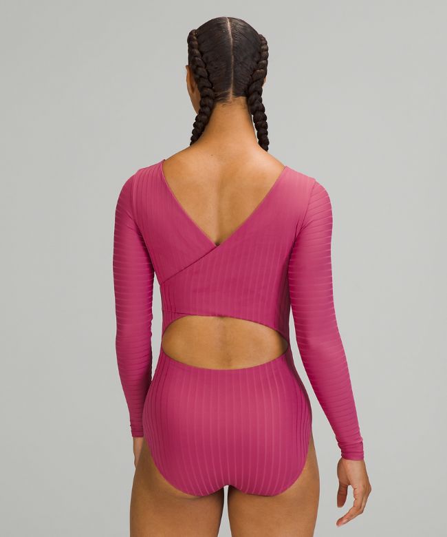 Ribbed Wrap-Back Long-Sleeve One-Piece