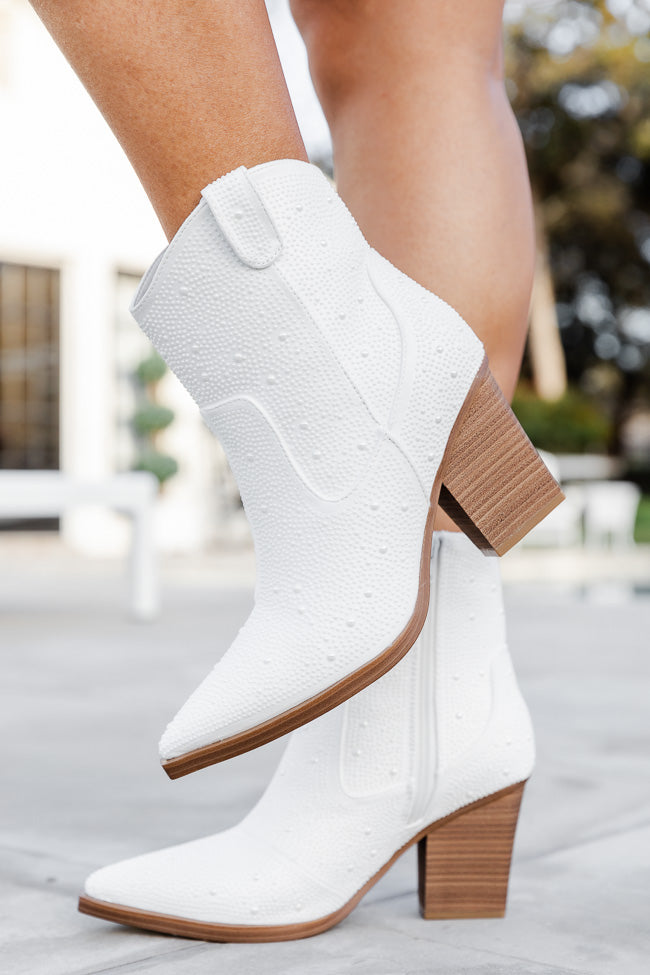 Faith Pearl Studded White Cowboy Booties