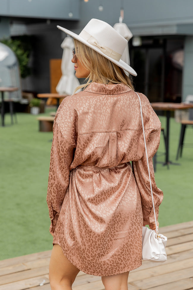 This Is Goodbye Camel Leopard Satin Shirt Dress