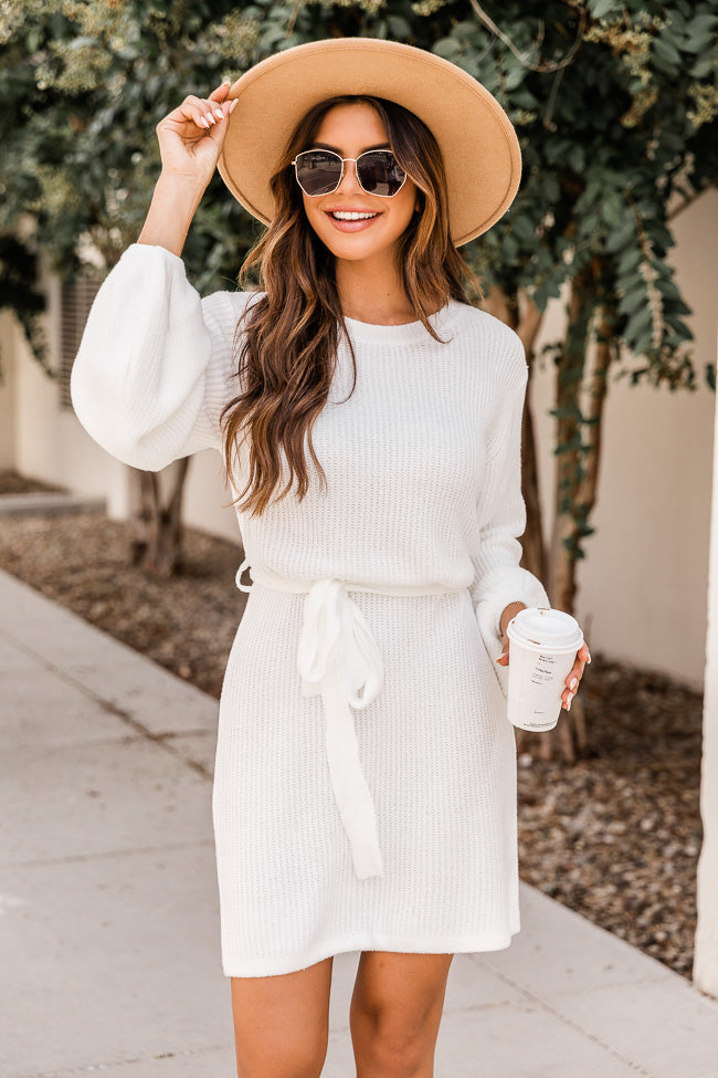 Wishful Dreamer Ivory Belted Sweater Dress