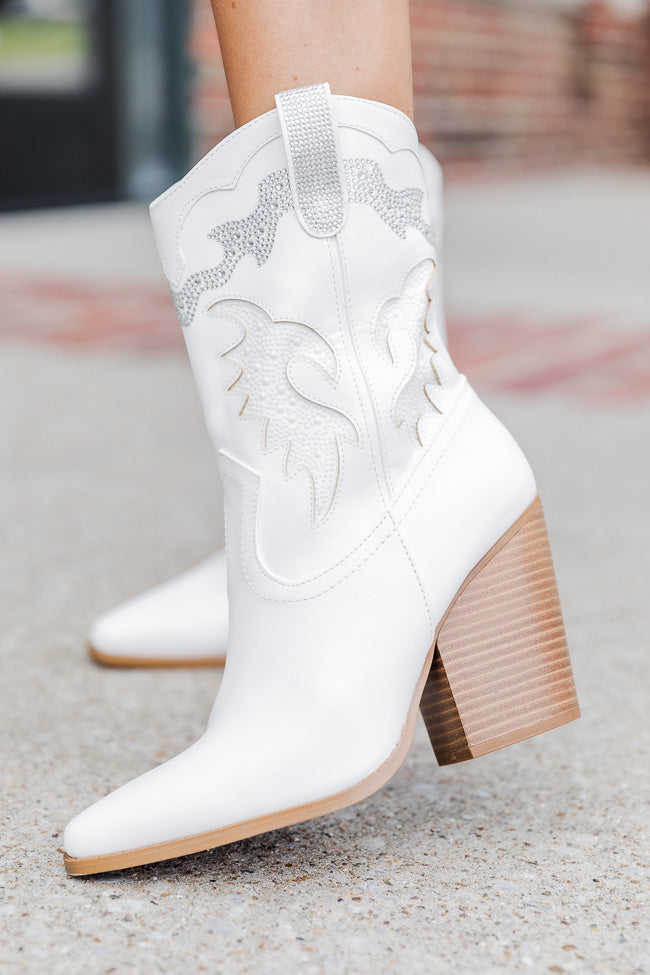 Kayla White Rhinestone Detail Cowboy Bootie