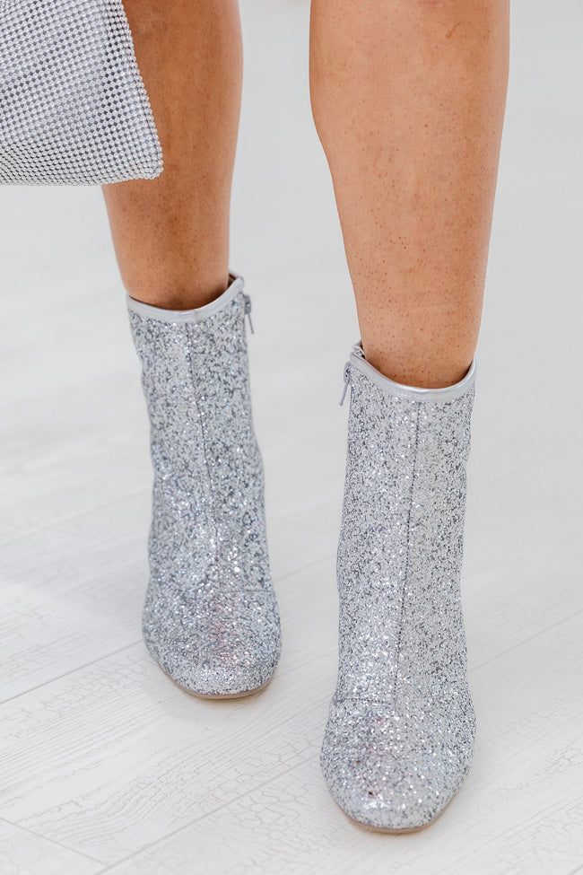 Allison Silver Glitter Chunky Heel Booties