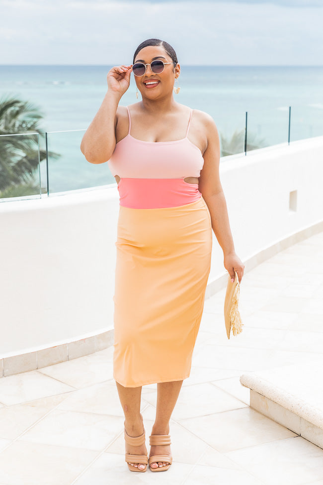 Sunburst Energy Orange/Pink Cutout Colorblock Midi Dress FINAL SALE