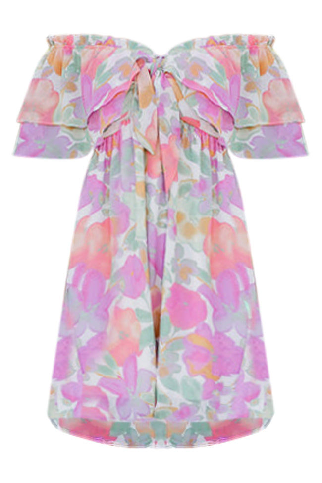 Just A Memory Multi Floral Cinched Bust Off The Shoulder Mini Dress