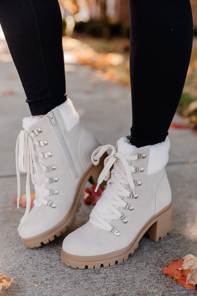 Tami Beige Fleece Lace Up Booties FINAL SALE