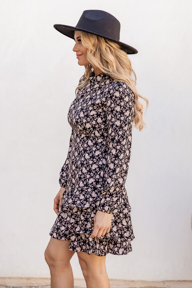 We Have Extra Time Black High Neck Floral Mini Dress