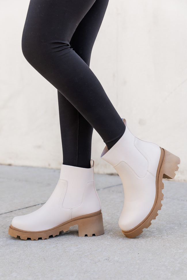 Carli Crinkle PU Pull On Beige Platform Booties