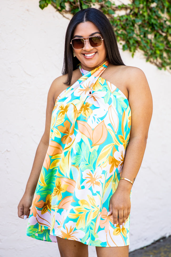 Time After Time Multi Floral Printed Satin Criss-Cross Mini Dress