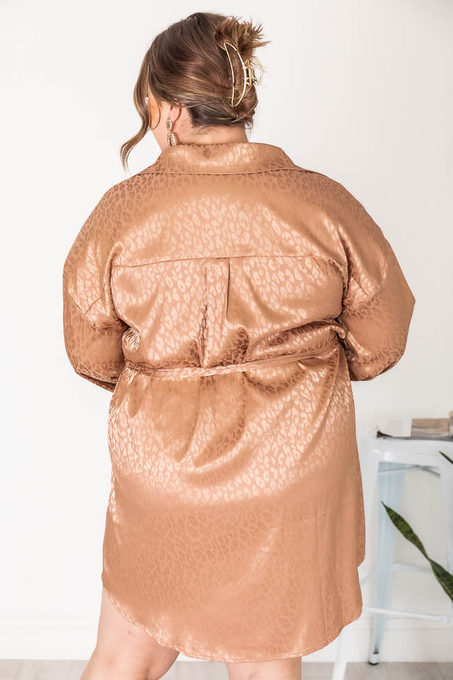This Is Goodbye Camel Leopard Satin Shirt Dress