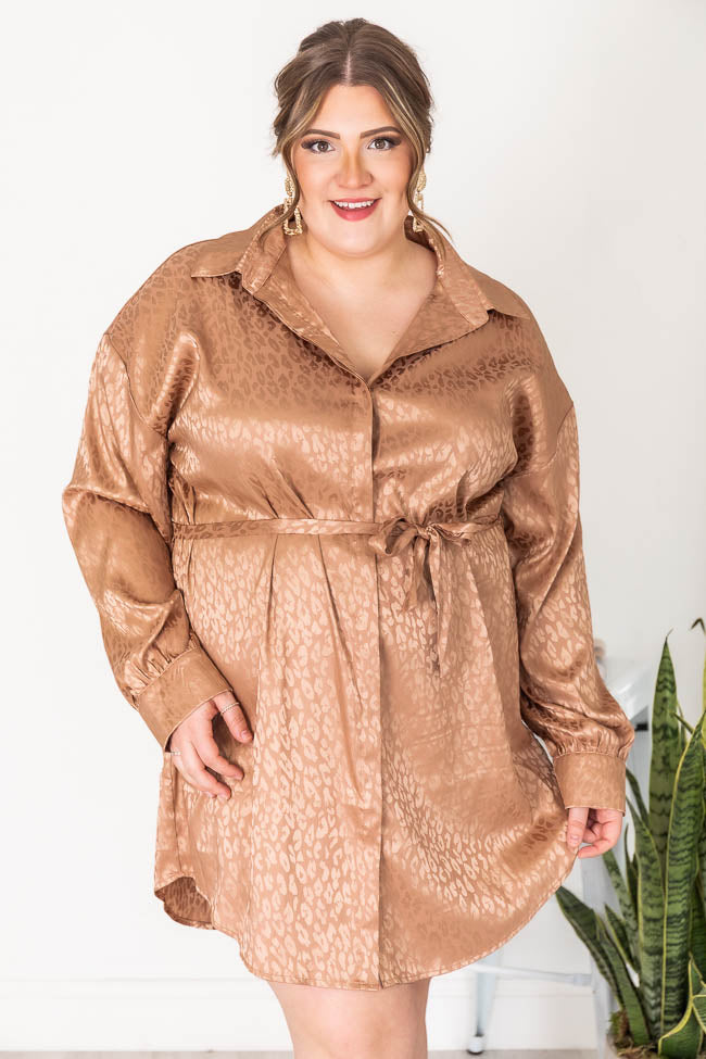 This Is Goodbye Camel Leopard Satin Shirt Dress
