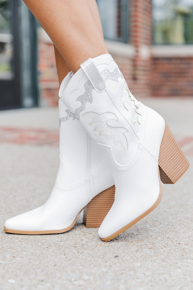 Kayla White Rhinestone Detail Cowboy Bootie