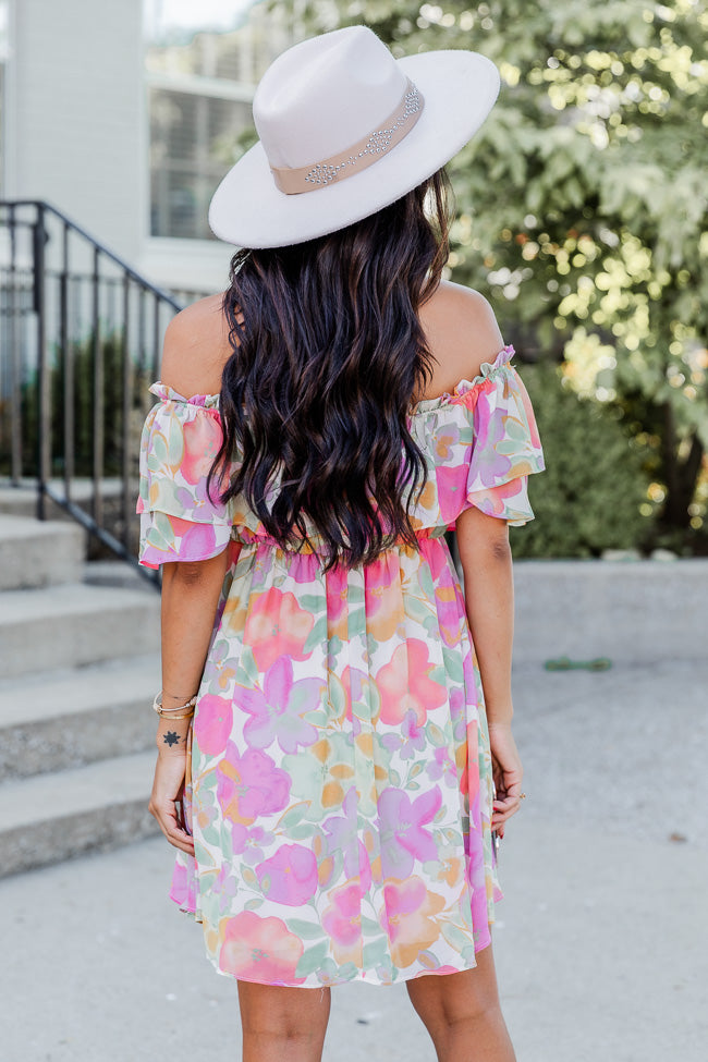 Just A Memory Multi Floral Cinched Bust Off The Shoulder Mini Dress