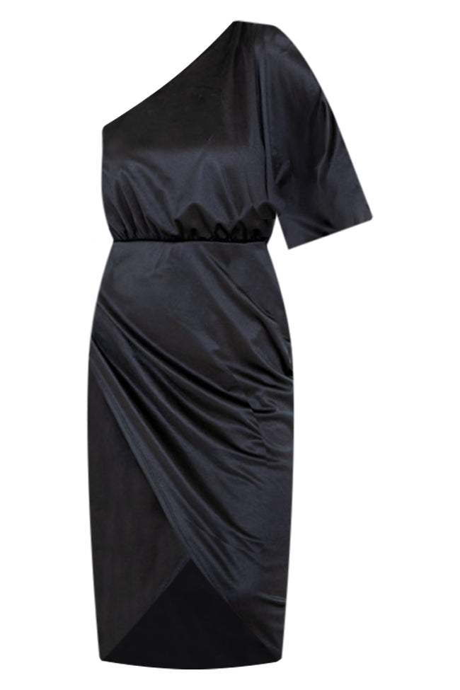 Happiest Moment Black One Shoulder Wrap Skirt Dress FINAL SALE