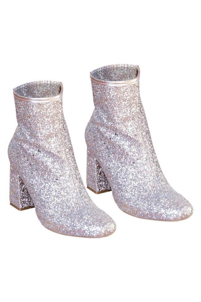 Allison Silver Glitter Chunky Heel Booties