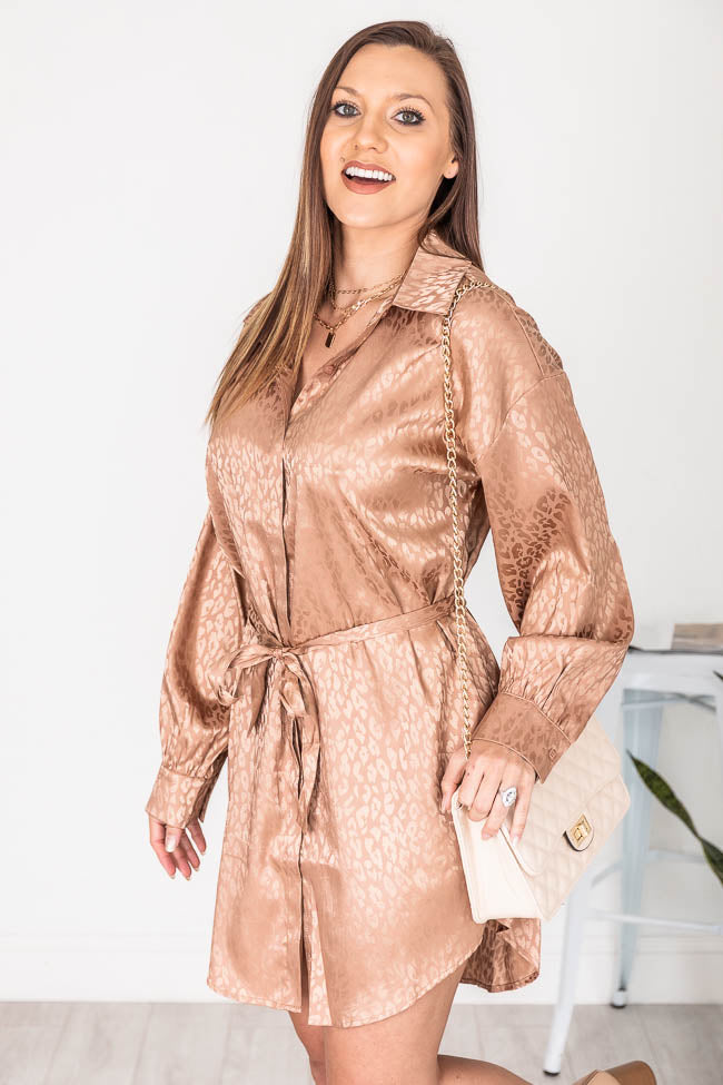 This Is Goodbye Camel Leopard Satin Shirt Dress