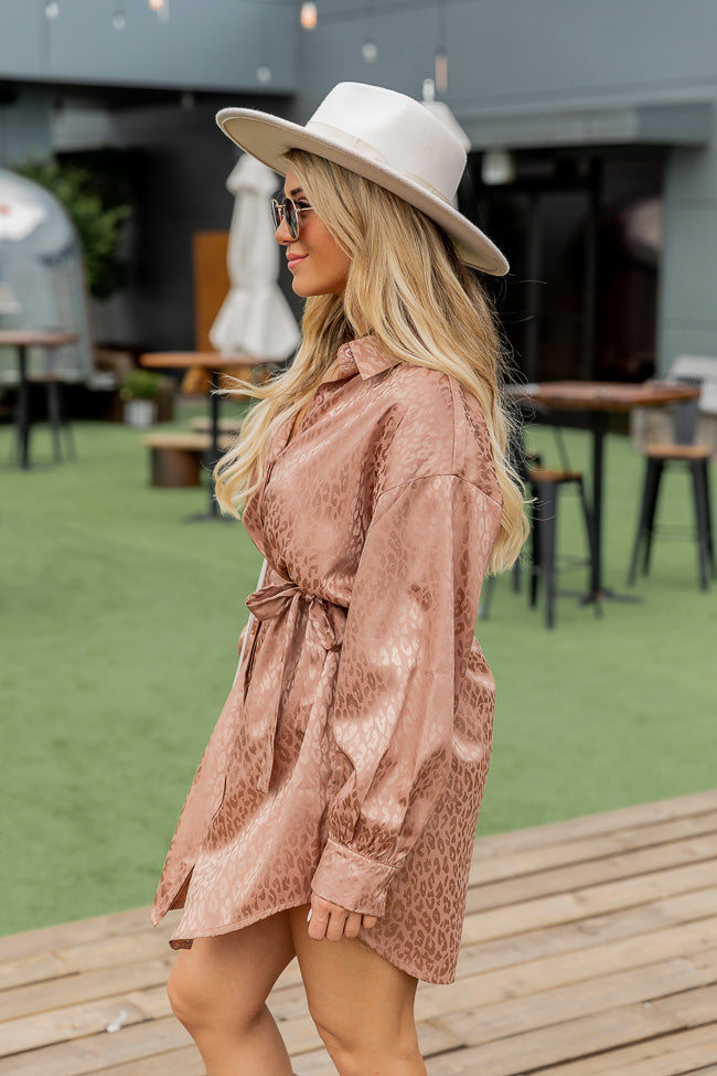 This Is Goodbye Camel Leopard Satin Shirt Dress