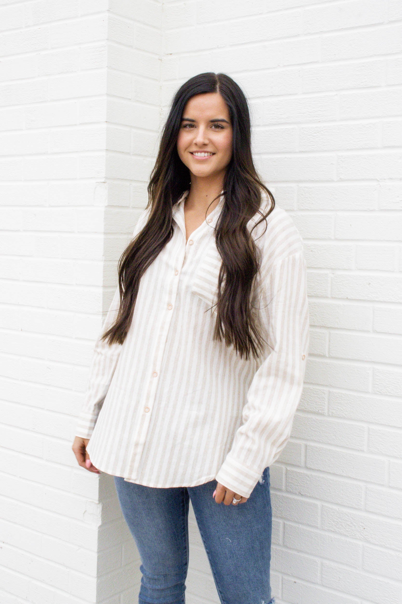 Holly Button Up Boyfriend Shirt | Natural Stripe