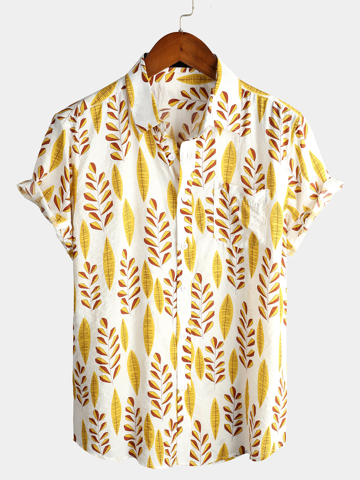 Men's Tropical Leaves Print Pocket Casual Shirt