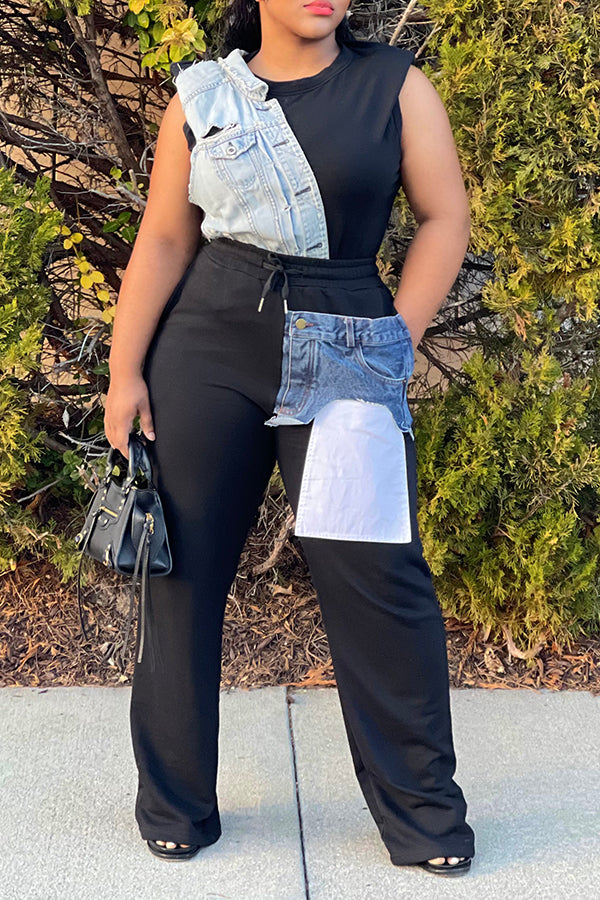 Straight Leg Patched Denim Pocket Pants