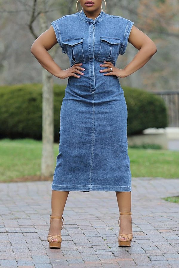 Flap Pocket Denim Midi Dress