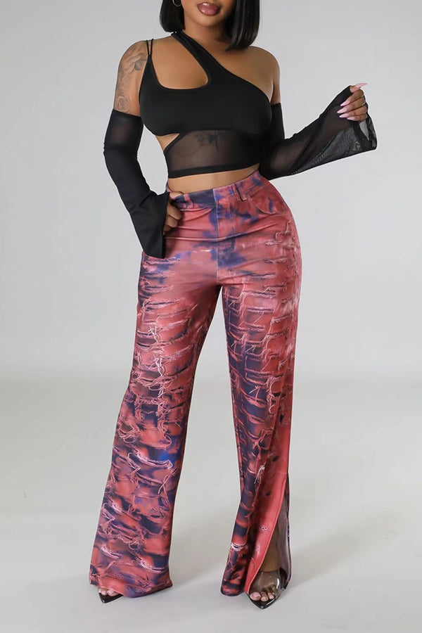 Imitation Denim Print Slit Pants