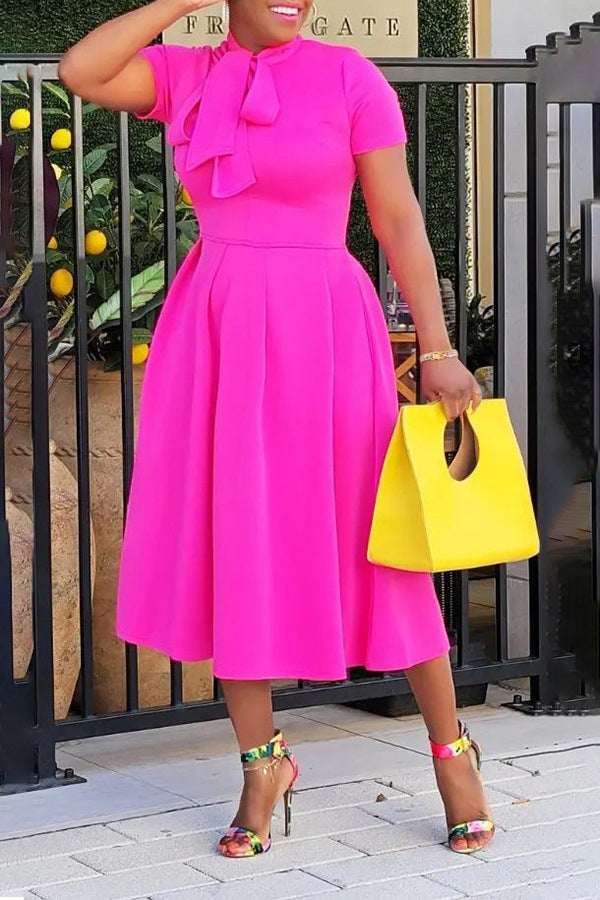 Tied Neck Short Sleeve A-line Dress