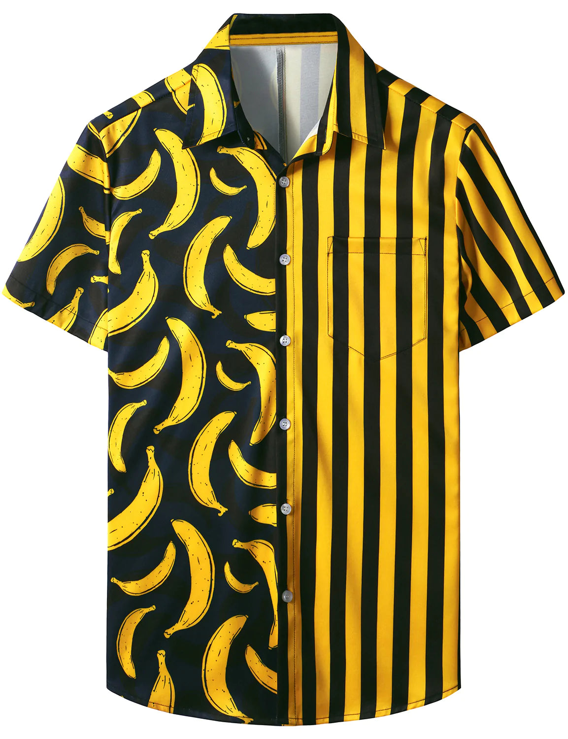 Men's Banana Yellow Striped Print Pocket Tropical Fruit Summer Vacation Casual Short Sleeve Shirt