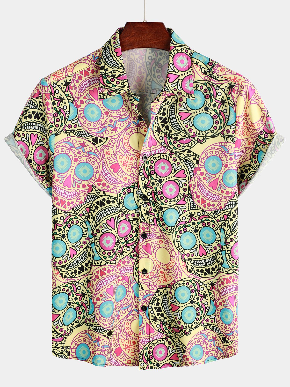Men's Skull Rose Print Short Sleeve Hawaiian Shirt