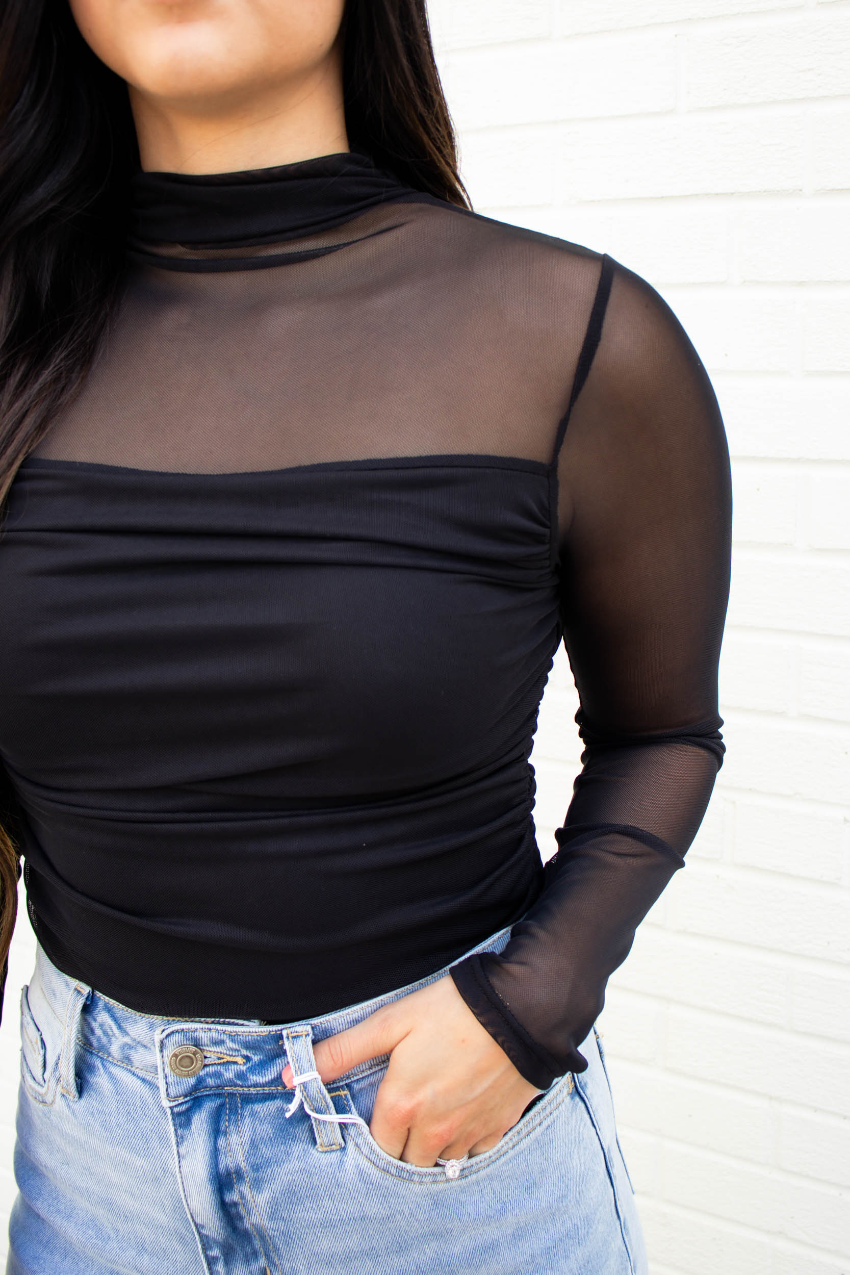 Joanna Mock Neck Sheer Long Sleeve | Black