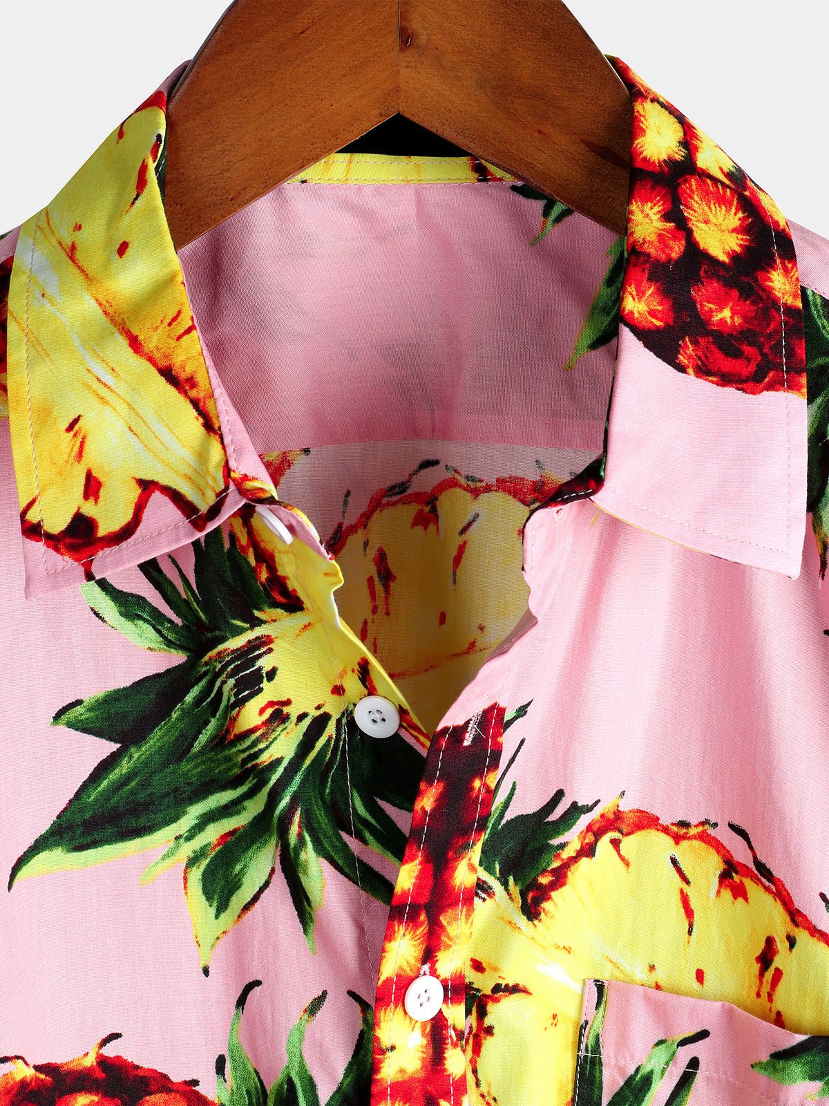 Men's Pink Pineapple Print Holiday Pocket Cotton Shirt