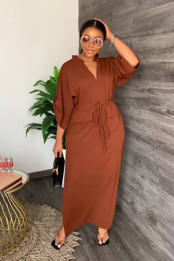 Mom Loose V Neck Tie Dress