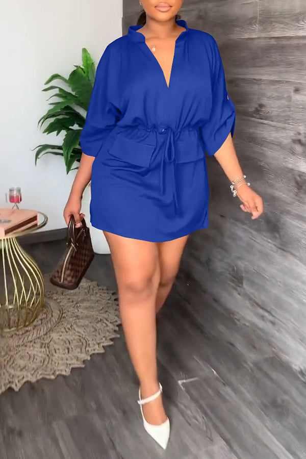 Notch Neck Drawstring Waist Dress